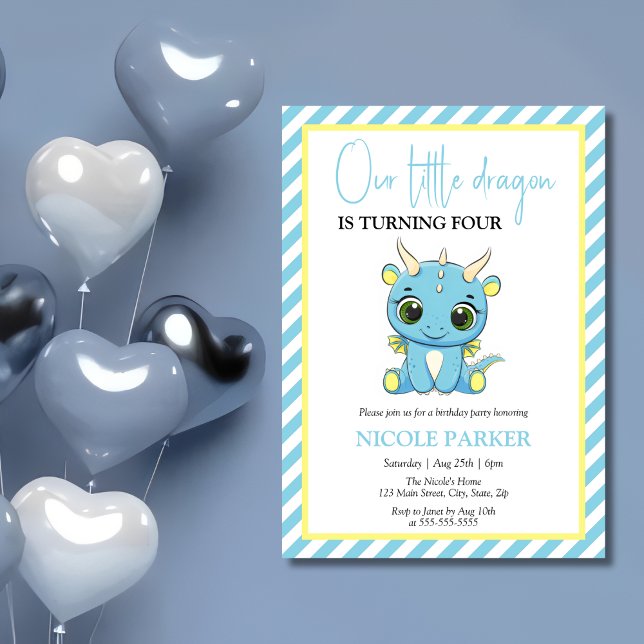 Cute Baby Dragon Blue Stripes Birthday Invitation (Creator Uploaded)