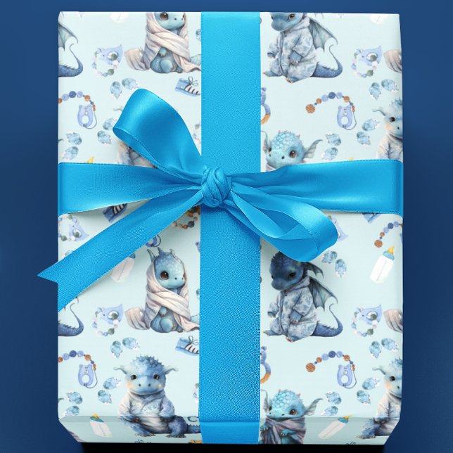 Cute Baby Dragon Blue Watercolor Wrapping Paper (Creator Uploaded)