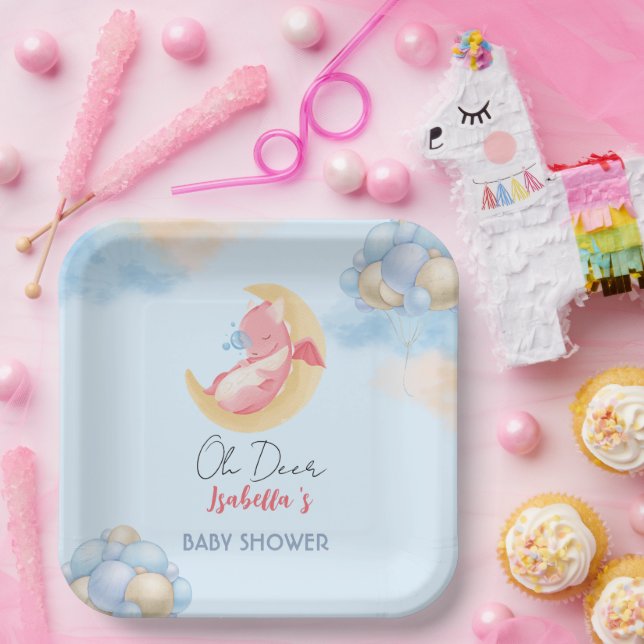 Cute baby dragon dinosaur Balloon baby shower Paper Plate (Party)