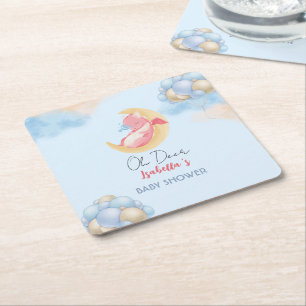Cute baby dragon dinosaur Balloon baby shower Square Paper Coaster