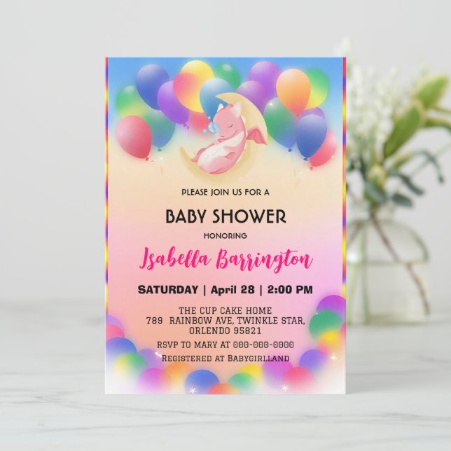 Cute baby dragon dinosaur balloon girl baby shower invitation (Standing Front)