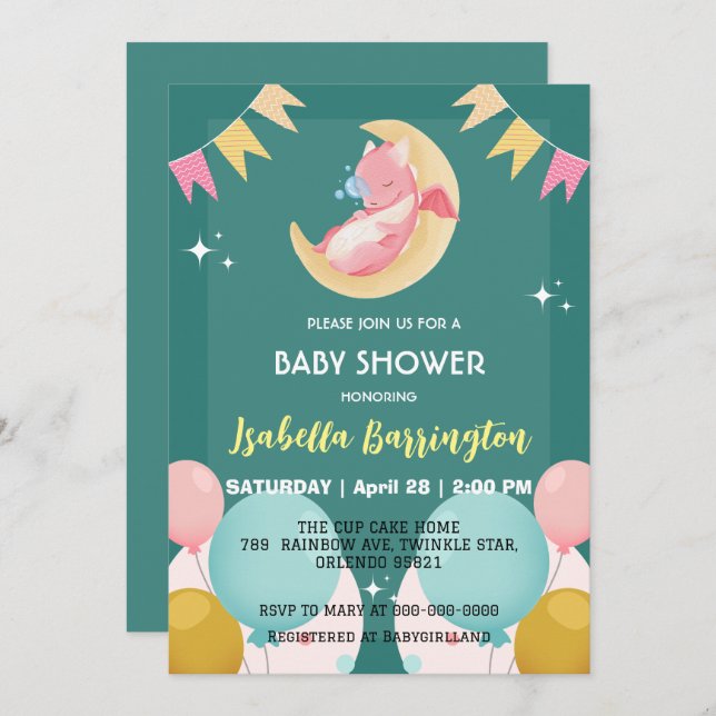 Cute baby dragon dinosaur balloon girl baby shower invitation (Front/Back)