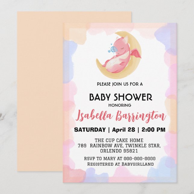 Cute baby dragon dinosaur balloon girl baby shower invitation (Front/Back)