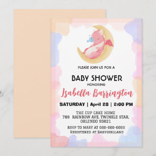 Cute baby dragon dinosaur balloon girl baby shower invitation
