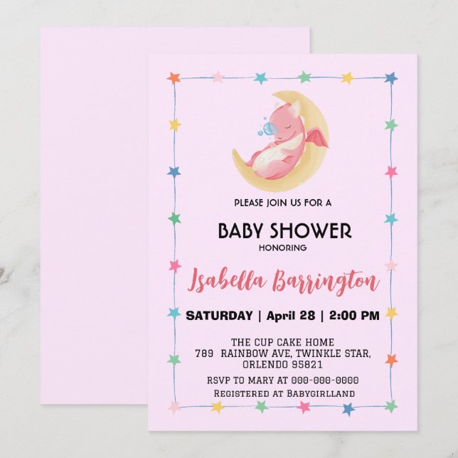 Cute baby dragon dinosaur balloon girl baby shower invitation (Front/Back)
