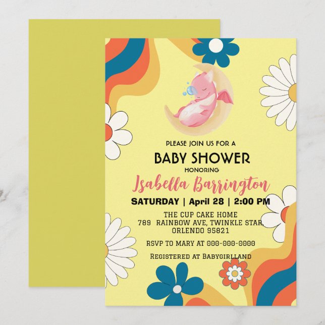 Cute baby dragon dinosaur balloon girl baby shower invitation (Front/Back)