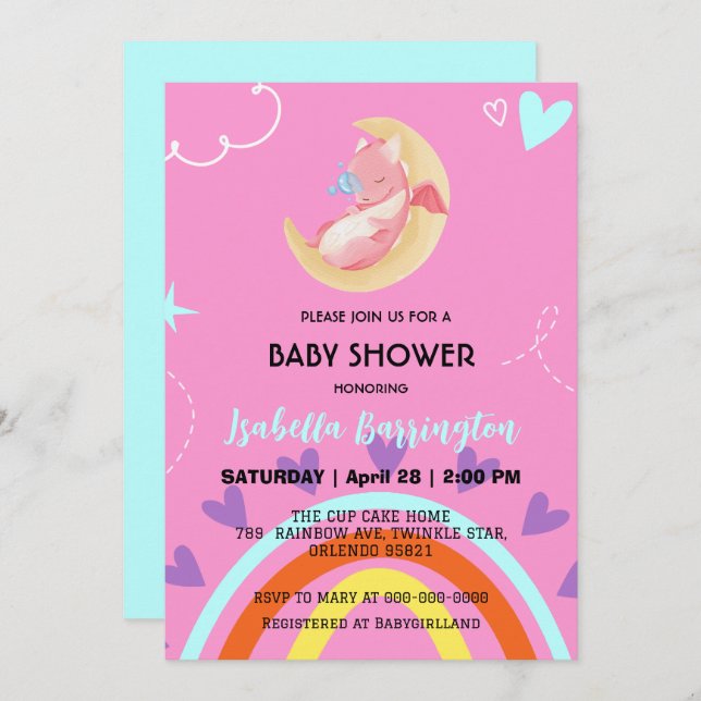 Cute baby dragon dinosaur balloon girl baby shower invitation (Front/Back)