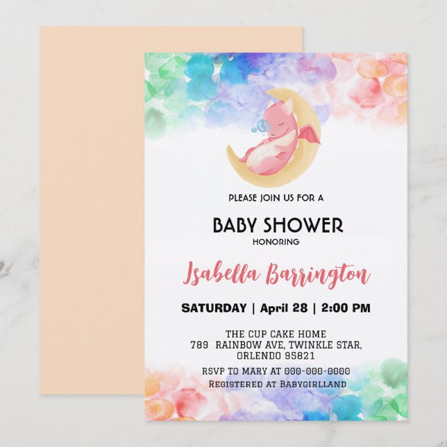 Cute baby dragon dinosaur watercolor baby shower invitation (Front/Back)
