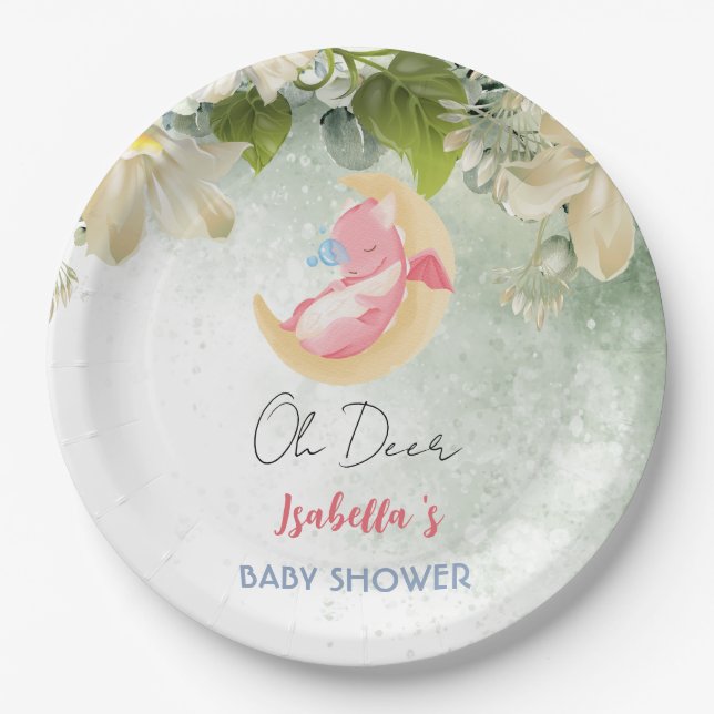 Cute baby dragon dinosaur wildflower baby shower paper plate (Front)