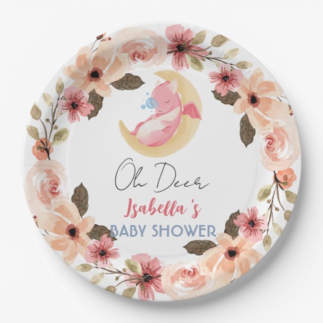 Cute baby dragon dinosaur wildflower baby shower paper plate (Front)
