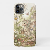 Cute Baby Dragon Gardening in Fairytale Cottage