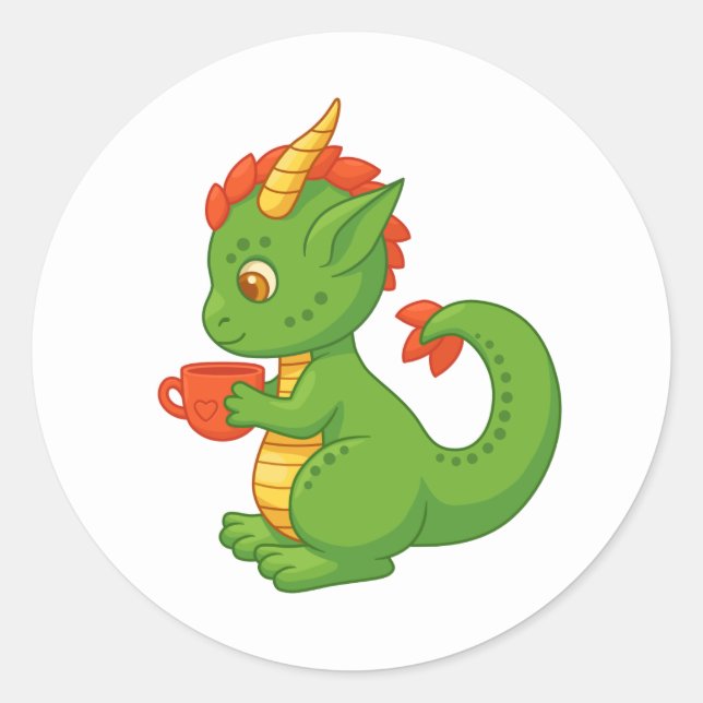 Cute Baby Dragon Holding Cup Classic Round Sticker (Front)