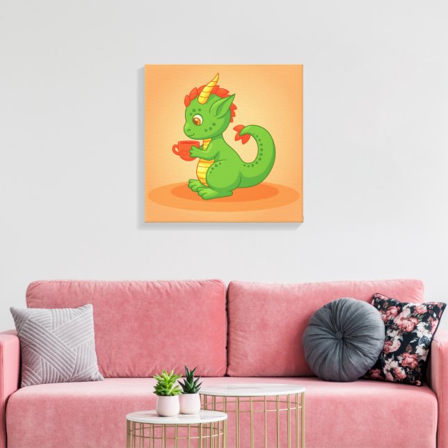 Cute Baby Dragon Holding Cup on Orange Canvas Print (Insitu(LivingRoom))