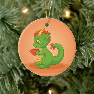 Cute Baby Dragon Holding Cup on Orange Ceramic Tree Decoration