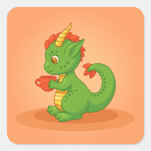 Cute Baby Dragon Holding Cup on Orange Square Sticker
