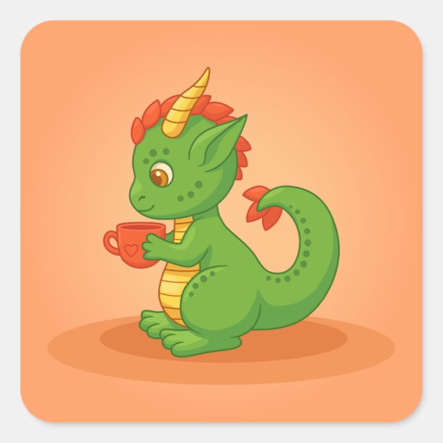 Cute Baby Dragon Holding Cup on Orange Square Sticker (Front)
