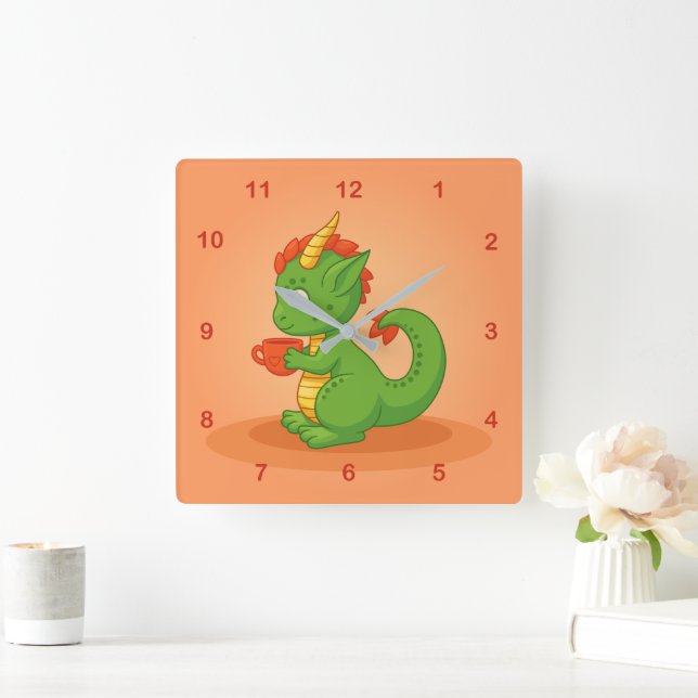 Cute Baby Dragon Holding Cup on Orange Square Wall Clock (Home)