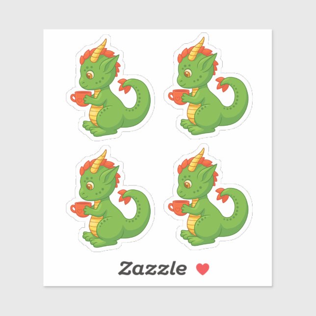 Cute Baby Dragon Holding Cup Set of 4 Sticker (Sheet)