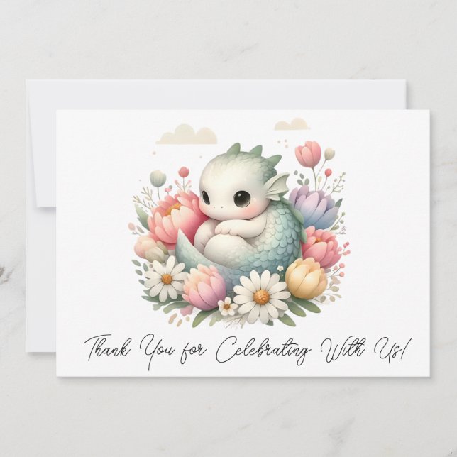 Cute Baby Dragon In A Bed Of Flowers Thank You Card (Front)