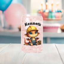 Cute baby dragon in a hard hat playing with tools