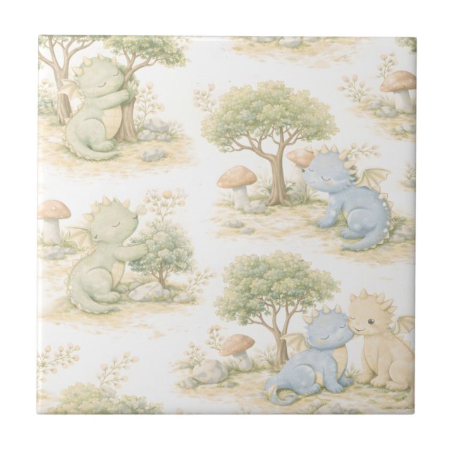 Cute Baby Dragon Pastel Woodland Pattern (2) Tile (Front)