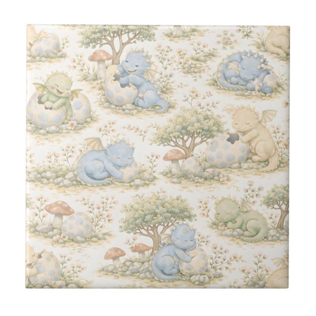 Cute Baby Dragon Pastel Woodland Pattern (3) Tile (Front)