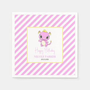 Cute Baby Dragon Pink Stripes Birthday Napkin