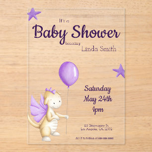 Cute Baby Dragon Purple Girl Baby Shower Acrylic Invitations