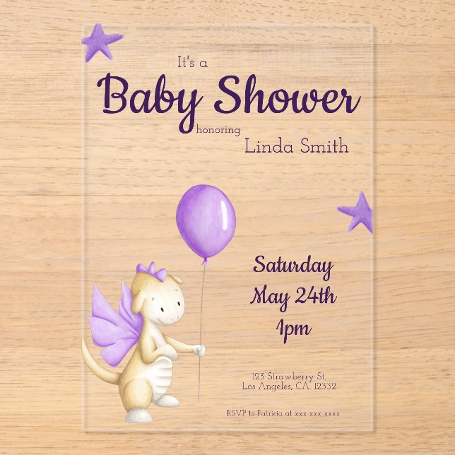 Cute Baby Dragon Purple Girl Baby Shower Acrylic Invitations (Front)
