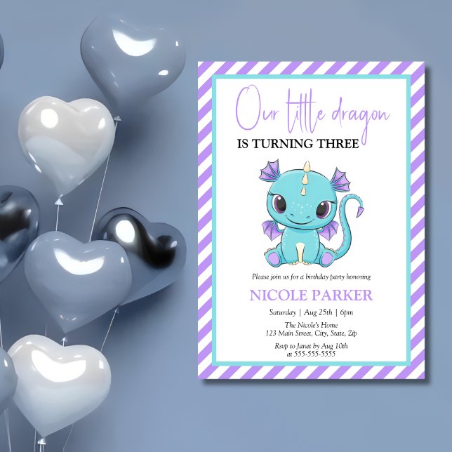 Cute Baby Dragon Purple Stripes Birthday Invitation (Creator Uploaded)