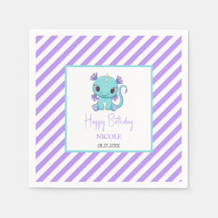 Cute Baby Dragon Purple Stripes Birthday Napkin