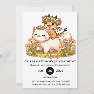 Cute Baby Dragon Riding White Cat Birthday Invitation