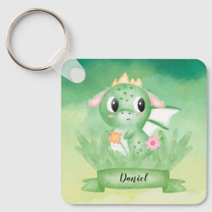 Cute Baby Dragon Watercolour Button Key Ring