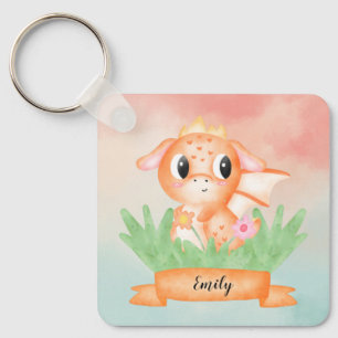 Cute Baby Dragon Watercolour Button Key Ring