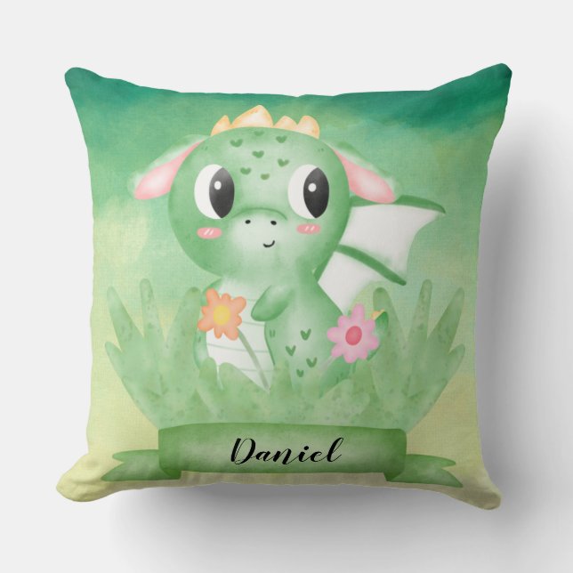 Cute Baby Dragon Watercolour Cushion (Front)