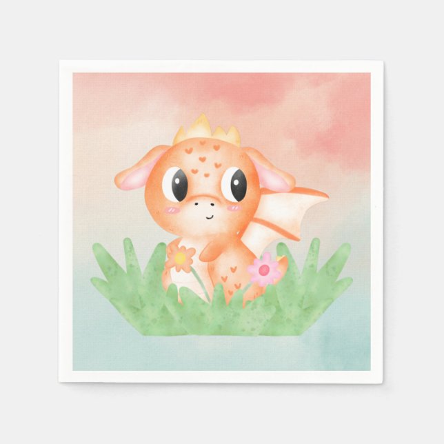 Cute Baby Dragon Watercolour Paper Napkin (Front)