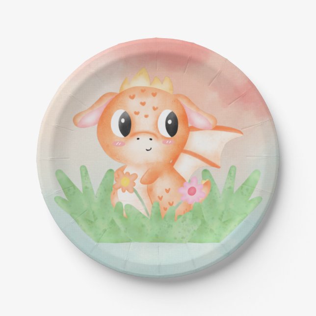 Cute Baby Dragon Watercolour Paper Plate (Front)