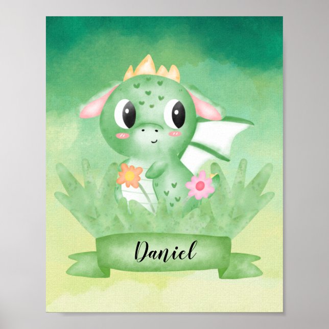 Cute Baby Dragon Watercolour Poster (Front)