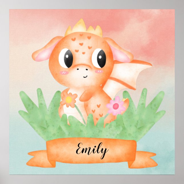 Cute Baby Dragon Watercolour Poster (Front)