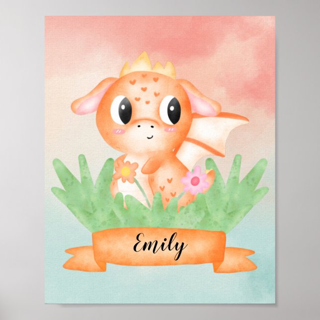 Cute Baby Dragon Watercolour Poster (Front)