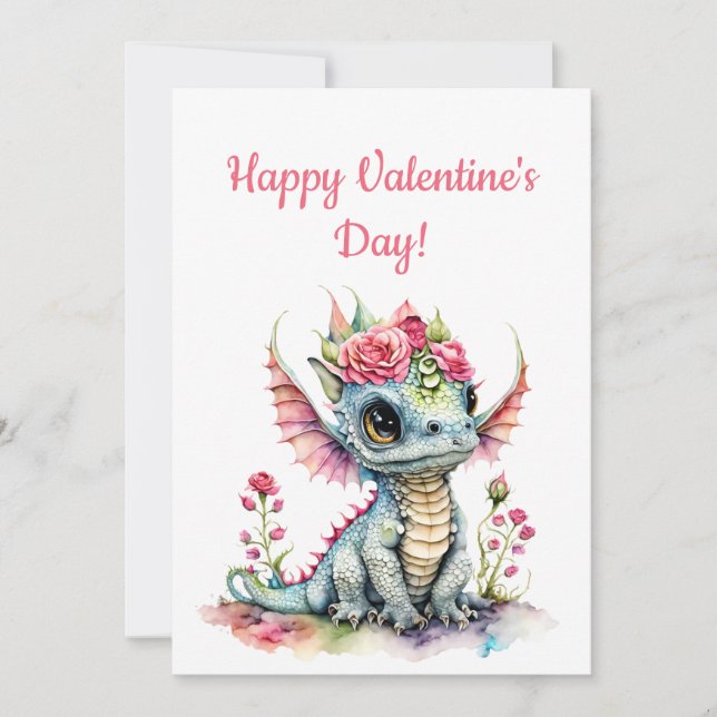 Cute Baby Dragon With Hearts Floral Valentine Holiday Card (Front)