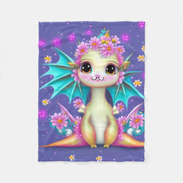 Cute Baby Dragon with Pink Flowers Fleece Blanket (Front)