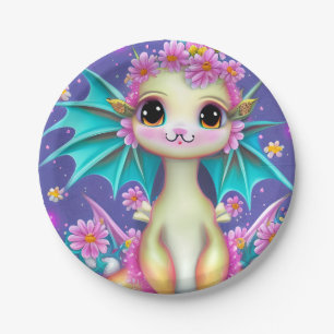 Cute Baby Dragon with Pink Flowers Fleece Blanket Paper Plate