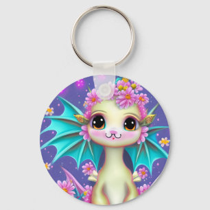 Cute Baby Dragon with Pink Flowers Key Ring