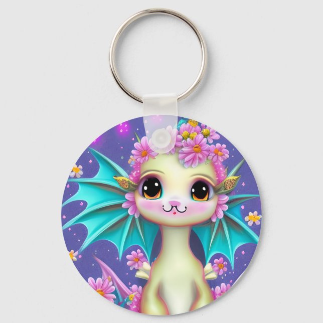 Cute Baby Dragon with Pink Flowers Key Ring (Front)