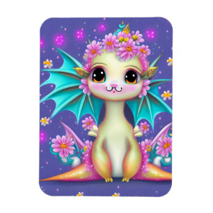 Cute Baby Dragon with Pink Flowers Magnet