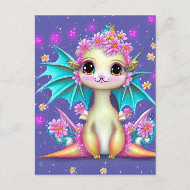 Cute Baby Dragon with Pink Flowers  Postcard (Front)