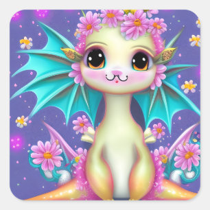 Cute Baby Dragon with Pink Flowers  Square Sticker