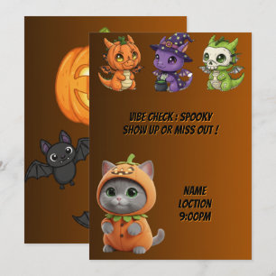 Cute Baby Dragons Pumpkin Cat Halloween Invitation