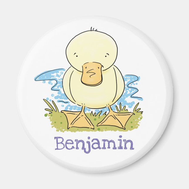 Cute baby duck by pond cartoon illustration magnet (Front)